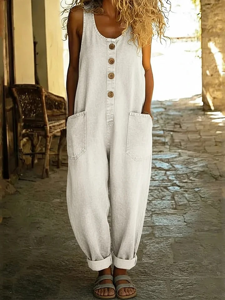 Women's Sleeveless Washed Cotton Denim Jumpsuit