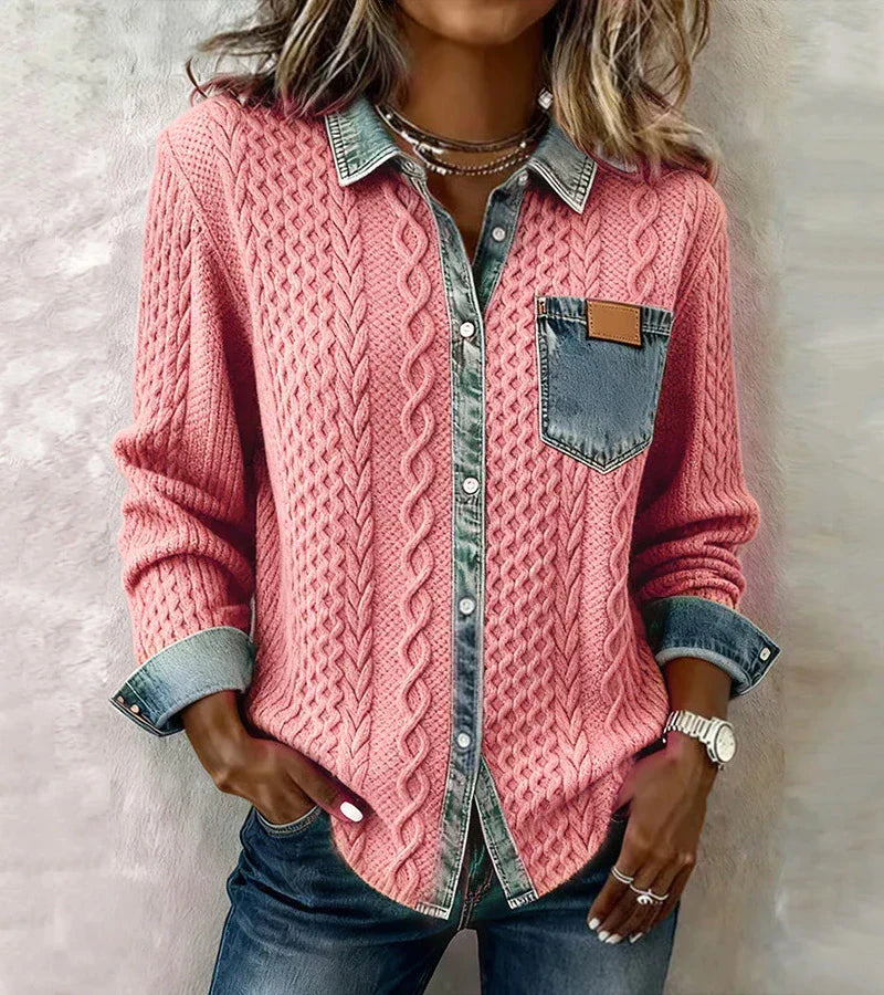 Amber | Knit Patchwork Top with Denim Details