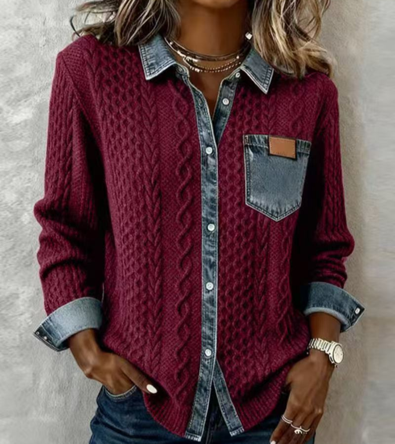 Amber | Knit Patchwork Top with Denim Details